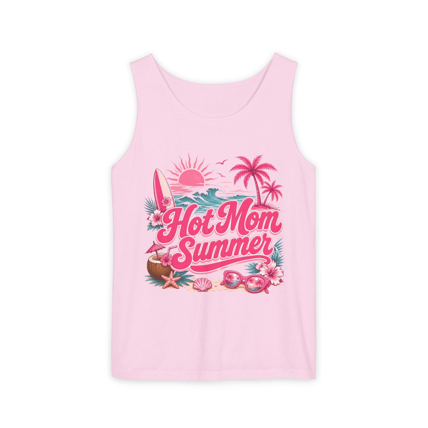 Tank Top — "Hot Mom Summer" Tropical Beach Graphic Tank