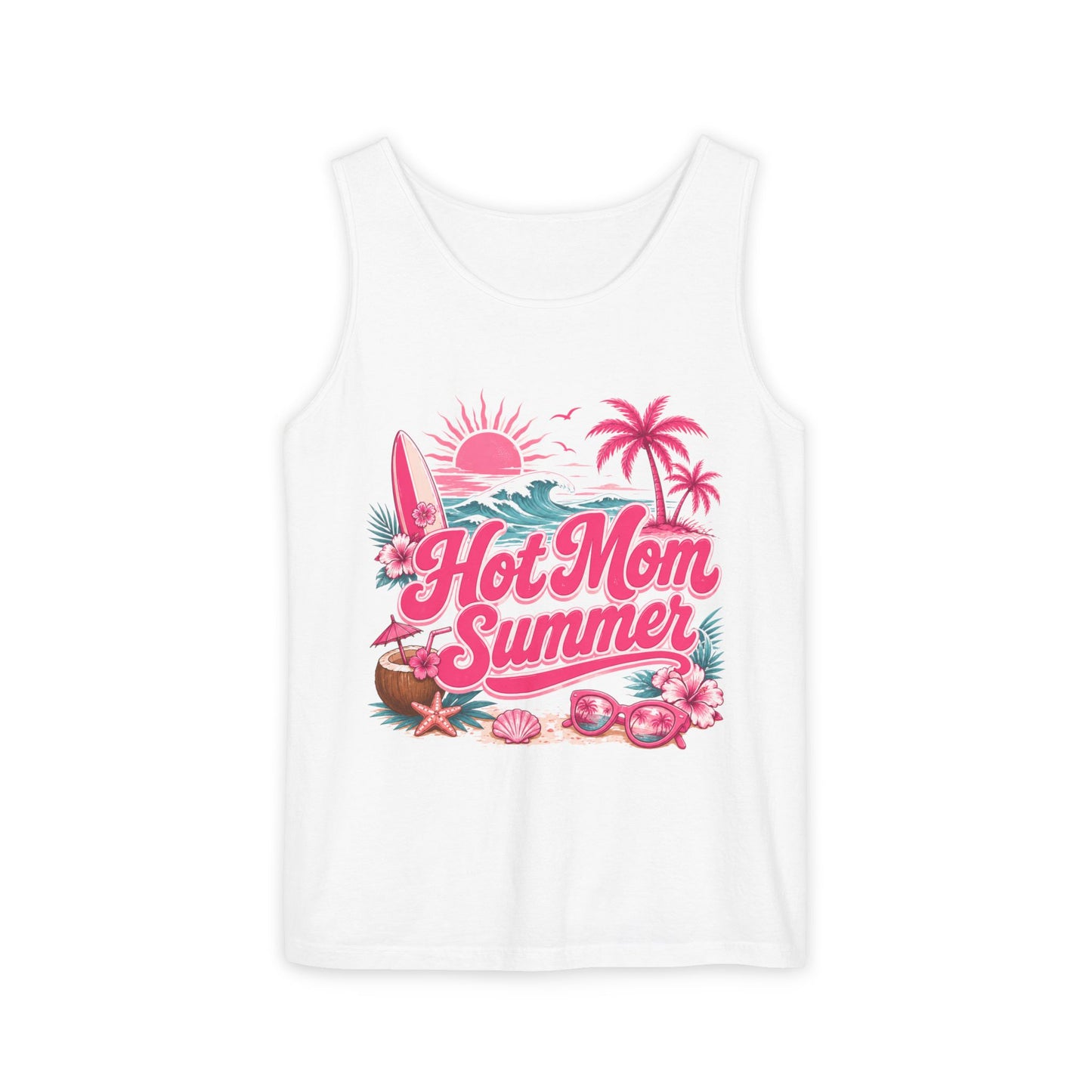 Tank Top — "Hot Mom Summer" Tropical Beach Graphic Tank
