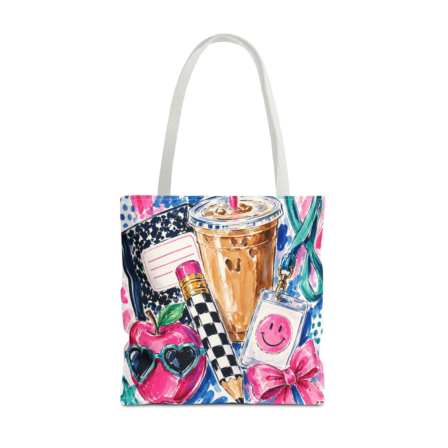 Cute School Supplies Tote Bag — Coffee, Pencil & Smiley Pattern AOP