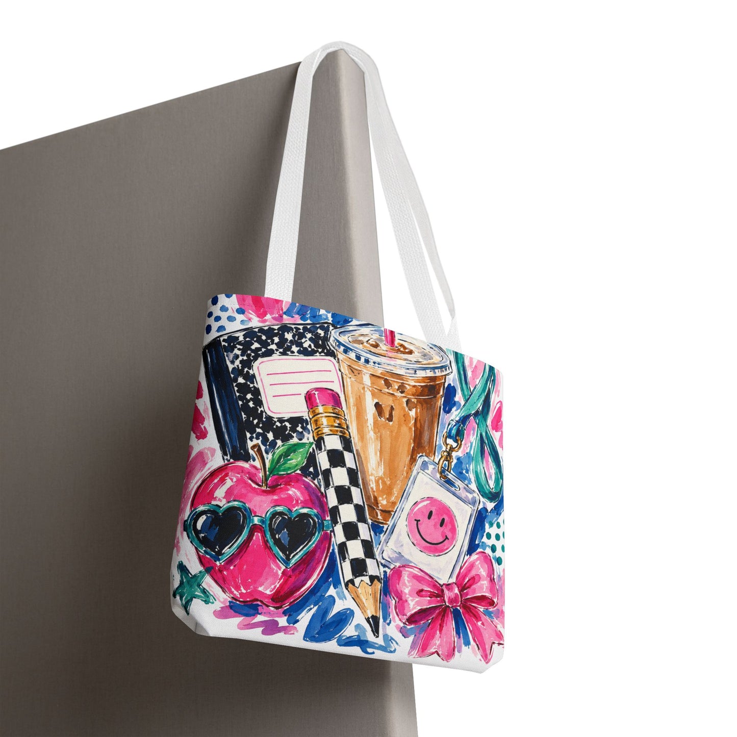 Cute School Supplies Tote Bag — Coffee, Pencil & Smiley Pattern AOP