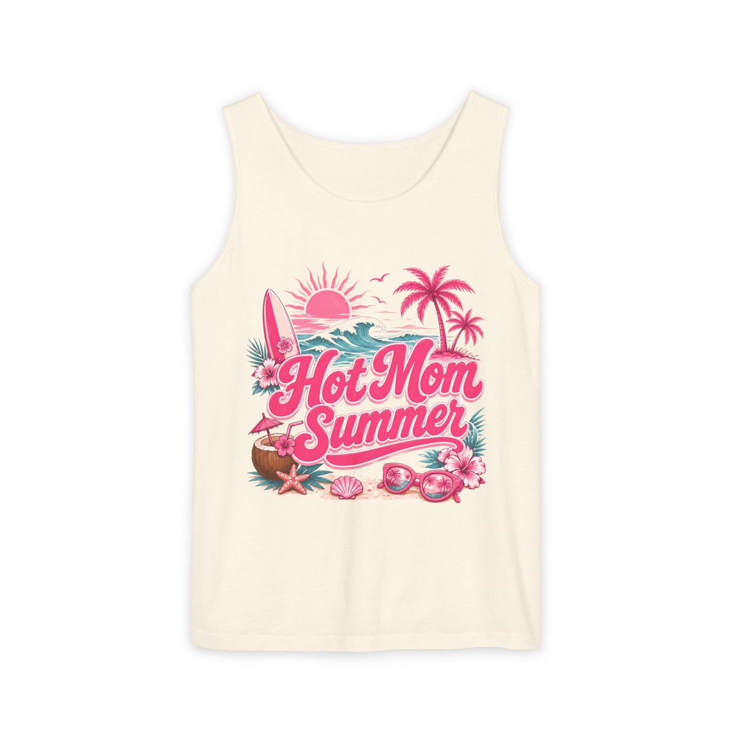 Tank Top — "Hot Mom Summer" Tropical Beach Graphic Tank