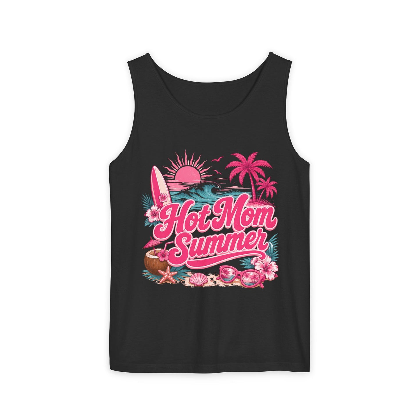 Tank Top — "Hot Mom Summer" Tropical Beach Graphic Tank