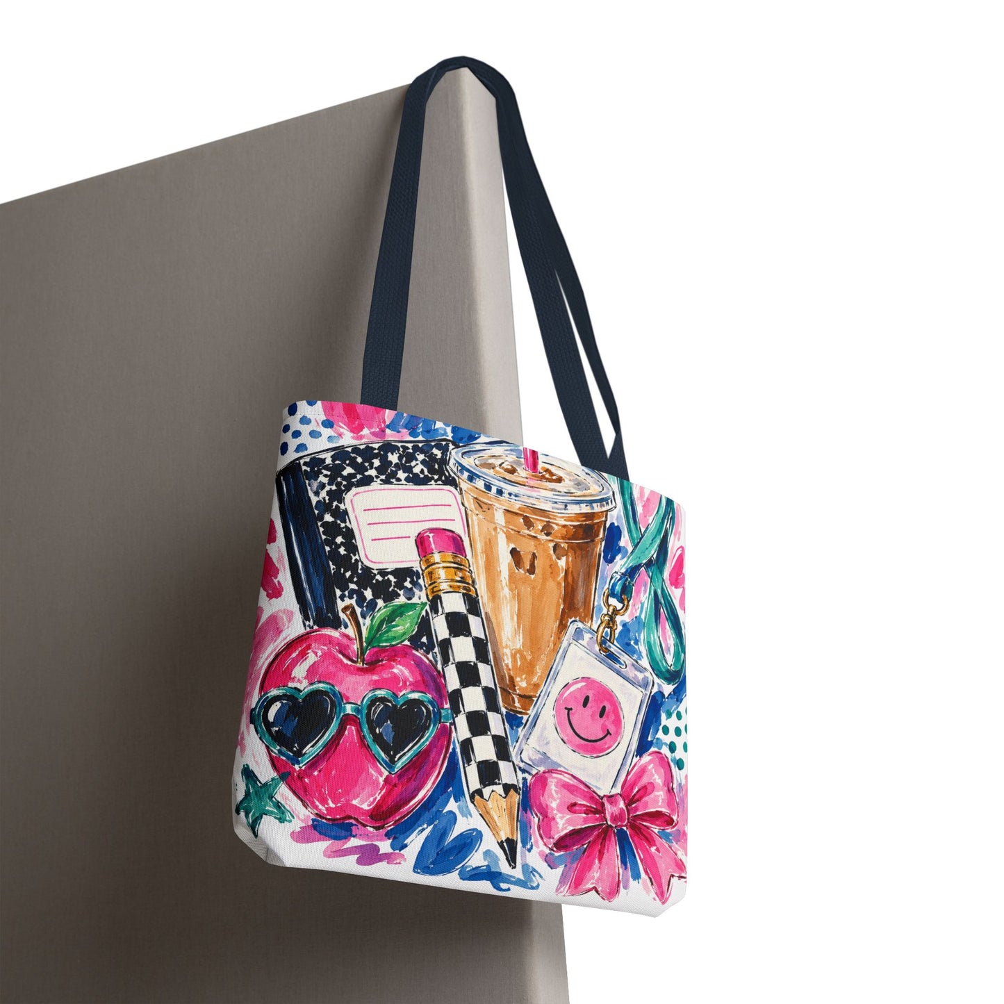 Cute School Supplies Tote Bag — Coffee, Pencil & Smiley Pattern AOP