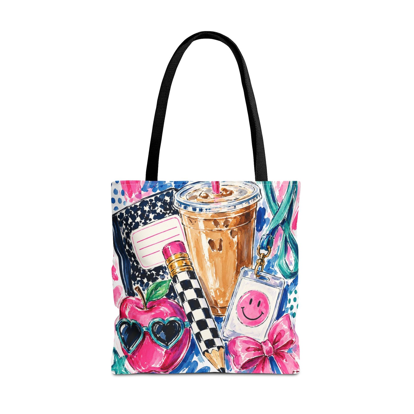 Cute School Supplies Tote Bag — Coffee, Pencil & Smiley Pattern AOP